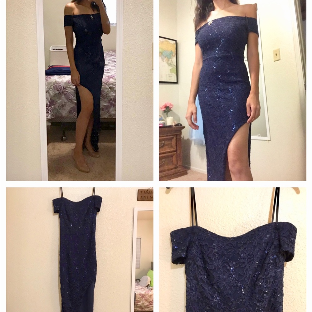 Navy Lace & Sequin Off Shoulder Mermaid Dress